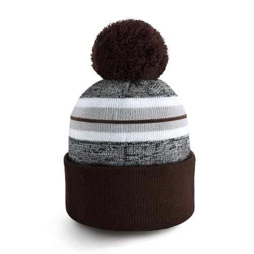 Pom Pom Beanie Cuffed Knit Winter Hat Skull Cap Striped Novelty Men Women - color: (Brown)