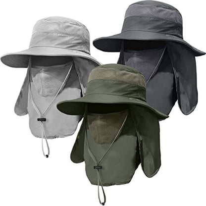 3 Pack Mens Outdoor Wide Brim Fishing Hat,UPF 50+ Sun Protection Cap with Face Neck Flap for Hiking & Garden - color: 3 Pack-dark Grey＆light Grey＆army Green