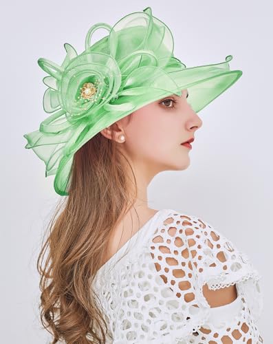 Z&X Organza Church Fascinator Wedding Tea Party Derby Hats for Women Flower Wide Brim Sun Hats - color: 022 Mint Green
