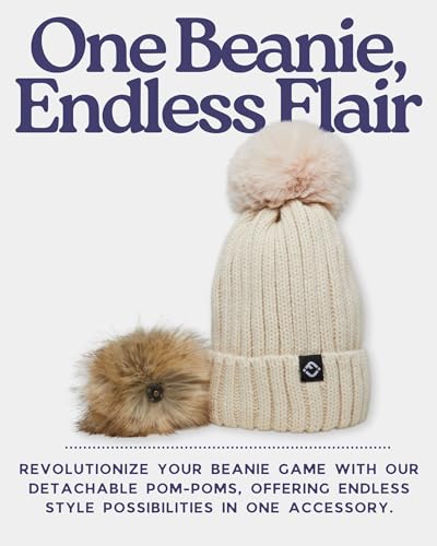 Funky Junque Women’s Winter Detachable Pom Beanie – Warm Knit Hat with Removable Faux Fur Pom, Soft Stretch Acrylic Cozy Cap - color: Beige