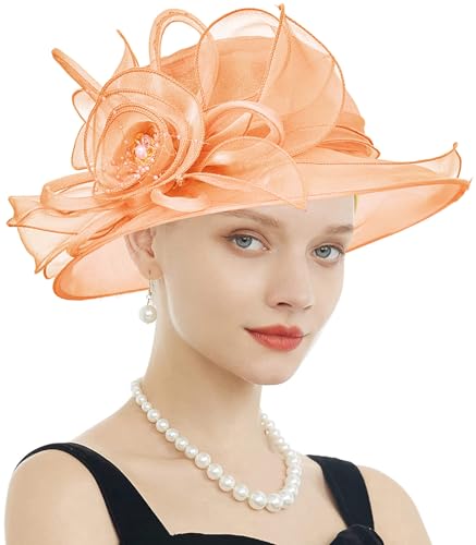 Women's Kentucky Derby Church Dress Hat Wide Brim Leaf Flower Bridal Shower Hat - color: F12-orange
