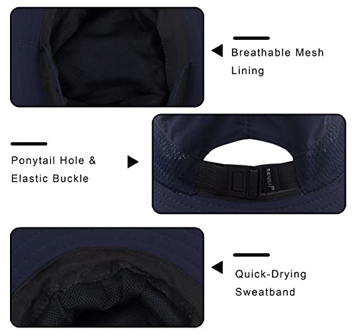 Muryobao Women Ponytail Sun Hat Summer UV Protection Cap Outdoor Foldable Mesh Wide Brim Bucket Hats for Beach Fishing Garden - color: Navy Blue