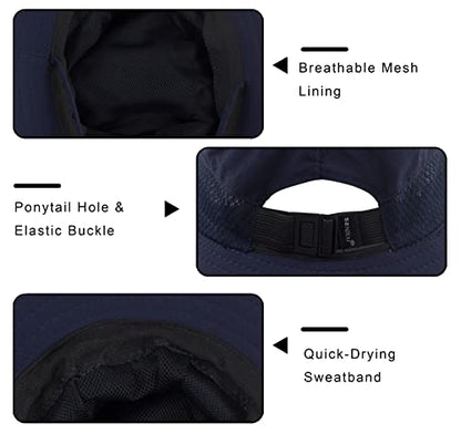 Muryobao Women Ponytail Sun Hat Summer UV Protection Cap Outdoor Foldable Mesh Wide Brim Bucket Hats for Beach Fishing Garden - color: Navy Blue