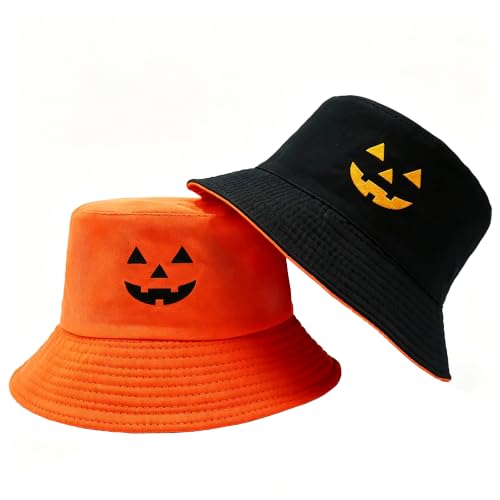 Bucket Hat for Men and Women 2-in-1 Reversible Sun Protection Fashion Flat Top Cap for Fishing Travel Beach Sports - color: Orange-black