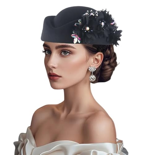 Women Vintage Church Hat Applique Felt Pillbox Hat Fascinator Tea Party Cap - color: Z1-black
