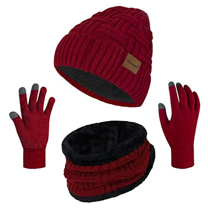 Loritta 3-Pieces Winter Hats for Women Warm Scarf Touchscreen Gloves - color: Wine