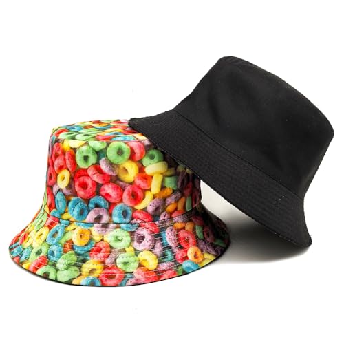 Printed Bucket Hat - Reversible Packable Summer Travel Beach Sun Cap for Men Women Teens - color: Colorful Donuts
