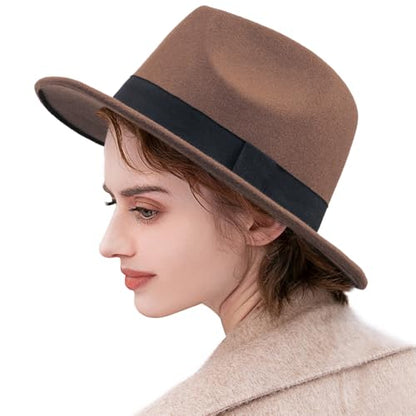 Felt Wide Brim Fedora Hats for Women Men, with Band Belt Buckle, Adjustable - color: P04 Mocha Brown