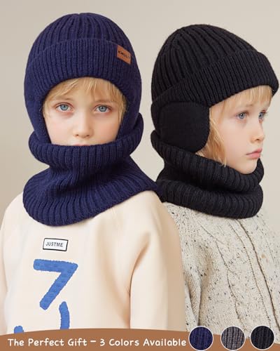 Kids Winter Beanie Hat Scarf Gloves Set 4-10Y, Knit Hat With Earmuffs Neck Gaiter Fleece Lined Touchscreen Gloves Boys Girls - color: Navy Blue