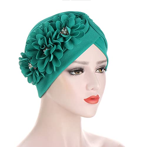 Flower Pre-Tied Turban Beanie, Soft Chemo Cap for Women Cancer Hair Loss - color: Teal
