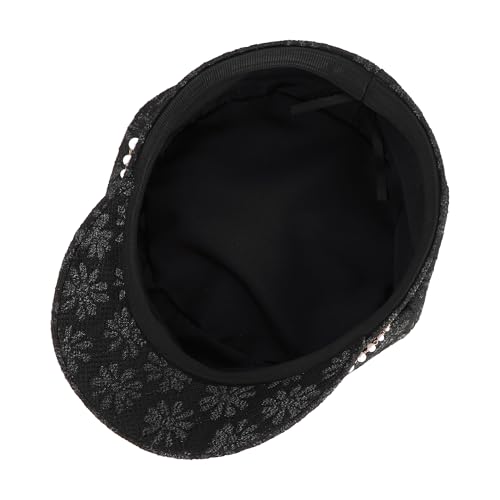 Women Pearl Chain Lace Cotton Blend Newsboy Cap Visor Paperboy Painter Hat - color: Black