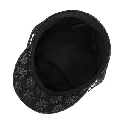 Women Pearl Chain Lace Cotton Blend Newsboy Cap Visor Paperboy Painter Hat - color: Black