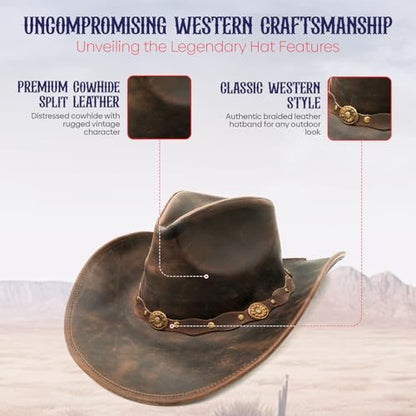 Equine Care Leather Cowboy Hat for Men & Women, Genuine Leather Western - color: Antique Brown, size: 7-7 1/8