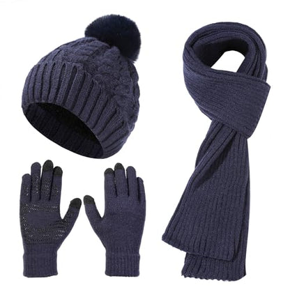HUAMULAN Women Winter Knit Beanie Hat Circle Scarf Set Pompoms Ear Flaps - color: Navy With Scarf and Gloves
