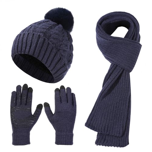 HUAMULAN Women Winter Knit Beanie Hat Circle Scarf Set Pompoms Ear Flaps - color: Navy With Scarf and Gloves