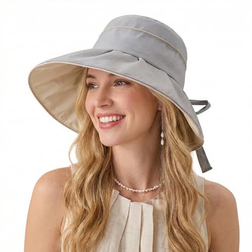 Women Summer Sun Hats Wide Brim Foldable Packable UPF 80+ UV Protection Travel Beach Outdoor Bucket Hat Bow Tie - color: Gray