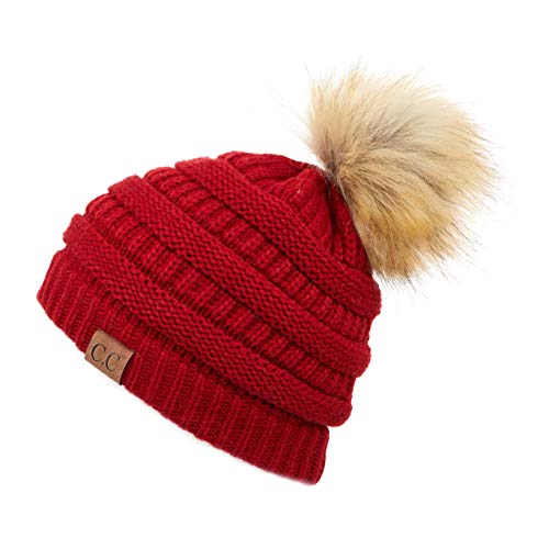 C.C Fur Pom Winter Fall Trendy Chunky Stretchy Cable Knit Beanie Hat - color: Solid Red