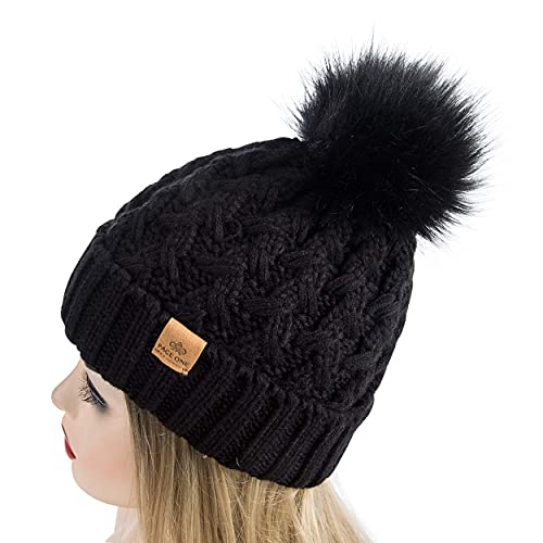 PAGE ONE Womens Winter Ribbed Beanie Crossed Cap Chunky Cable Knit Pompom Soft Warm Hat - color: Black