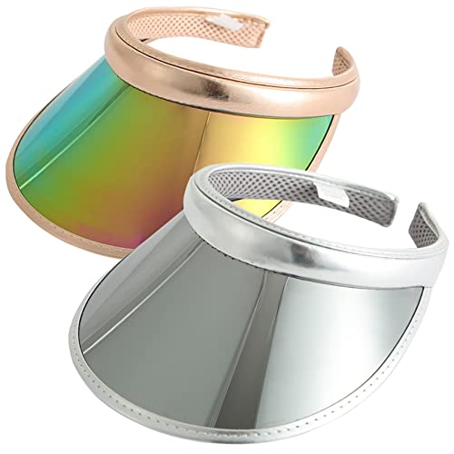 2 Pack Sun Visor Hats Women Men Clip-on Iridescent Clear Sport Outdoor Cap - color: 2pack ,Gold Silver