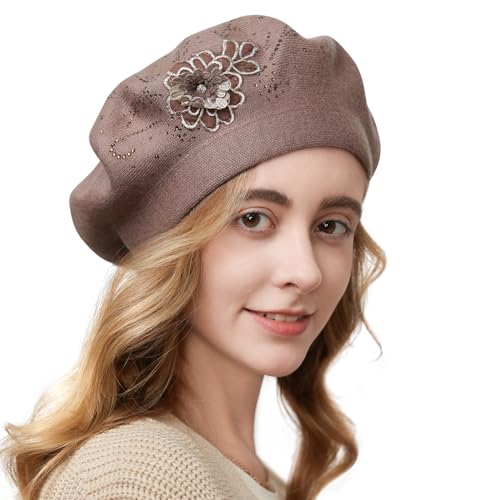 Flower Embroidery Beret Hat for Women, French Style Knitted Beret Hats, Stylish Solid Color Beret Cap for Women Girls Lady - color: Khaki