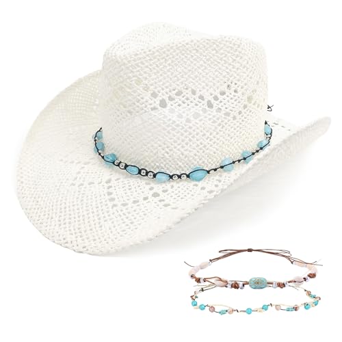 Men's Women's Straw Cowboy Hat, Western Cowgirl Hat, Wide Brim Hollow Out Sun Beach Hat with Three Decorative Bands - color: White