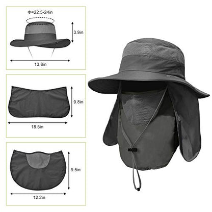 2 Pieces Men's Wide Brim Fishing Hat Outdoor UPF 50+ Sun Protection Removable Face and Neck Flap - color: Dark Grey & Light Grey