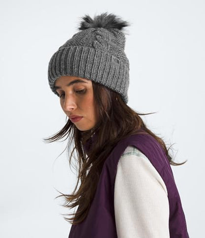 THE NORTH FACE Women's Oh Mega Fur Pom Beanie | Deep Fit Cuffed Winter Hat With Oversized Faux-fur Pom & Cable Detailing - color: Tnf Medium Grey Heather