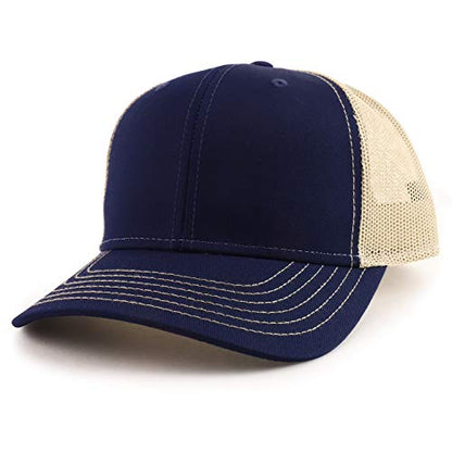 Armycrew Oversize XXL Low Profile Two Tone Mesh Back Trucker Baseball Cap - color: Navy Khaki