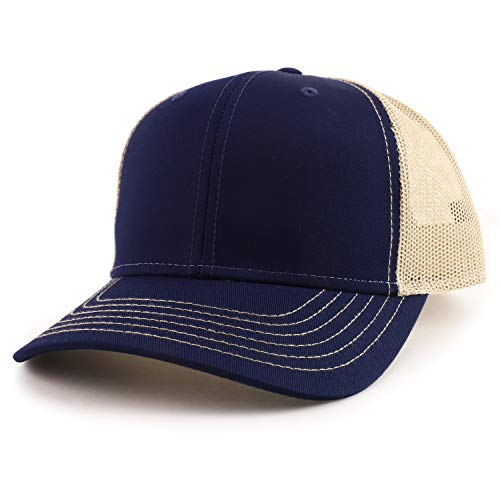 Armycrew Oversize XXL Low Profile Two Tone Mesh Back Trucker Baseball Cap - color: Navy Khaki