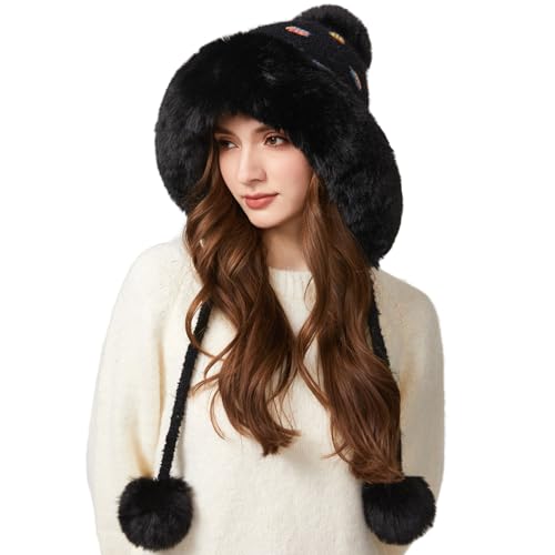 Women Winter Sherpa Beanie Hats Knit Ear Flap Hat Fleece Lined - color: Black With Ear