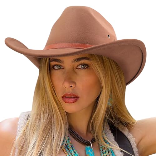 DRESHOW Cowboy Hat for Women and Men Western Felt Cowboy Cowgirl Hat Wide Brim Belt Buckle Retro Fedora Hats Unisex Caps - color: 1 Pack Style 5: Khaki, size: Large
