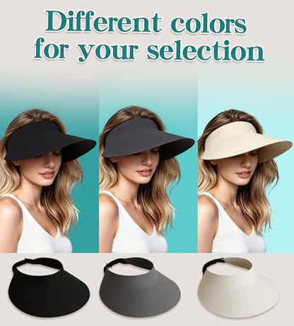 Women's Seamless Sun Visor Hat, Extra-Wide Brim, Ponytail & Bun Friendly - color: Dark Grey01