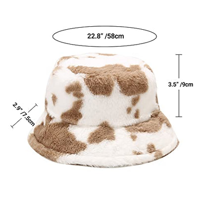 Umeepar Winter Faux Fur Fuzzy Bucket Hat Fluffy Warm Hat for Women Men - color: Cow Print Khaki
