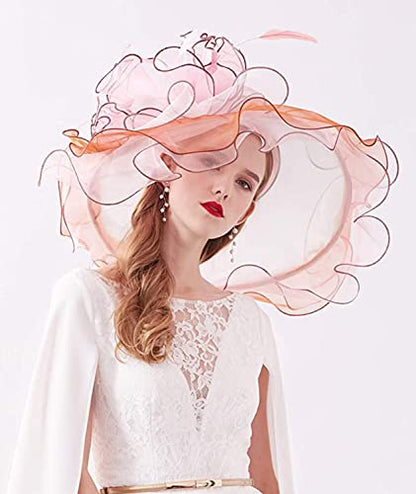 Women Derby Church Organza Flower Wedding Tea Party Fascinator Wide Brim Sun Hat - color: 01-pink