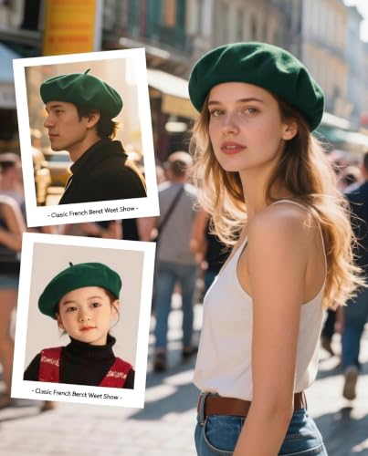 Wool French Beret Hats for Women Classic Winter Beanie Cap - color: Forest Green