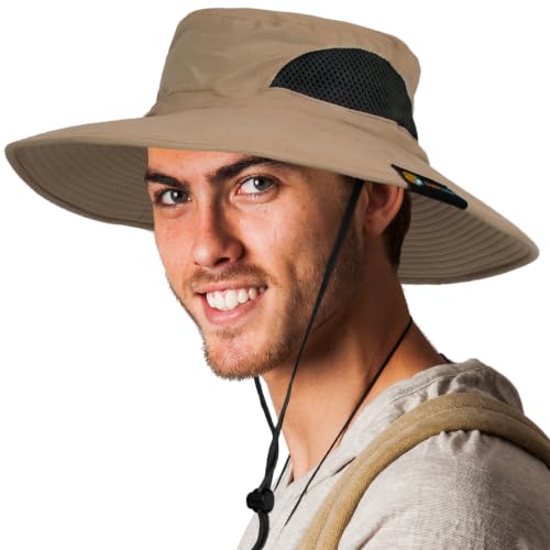 SUN CUBE Wide Brim Sun Hat for Men & Women, UPF 50+ UV Protection, Mesh Boonie Hat with Chin Strap, Fishing Hiking Hat - color: Tan