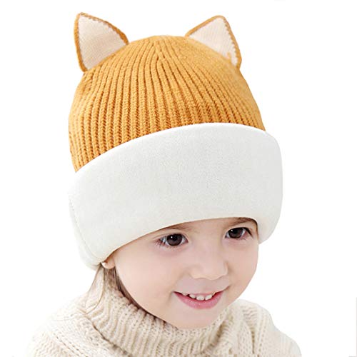Toddler Winter Hat Baby Balaclava 2 in 1,Fleece Lined Knitted Beanie with Face Mask, Ear Flaps & Pom Pom for Boys Girls - color: Cat-yellow