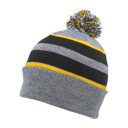 Pacific Headwear Unisex Adult Pacific Headwear Knit Fold Over Pom-pom Beanie - color: Heather/Black/Gold, size: One Size