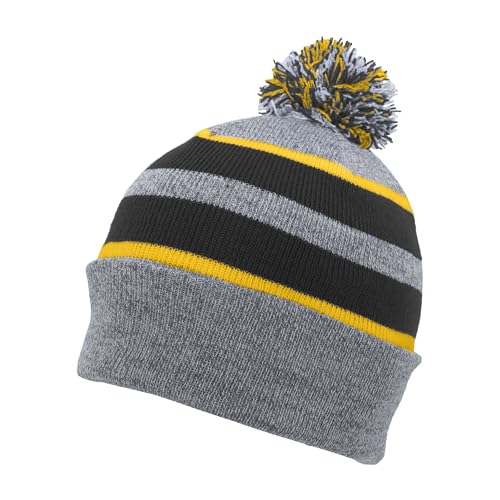 Pacific Headwear Unisex Adult Pacific Headwear Knit Fold Over Pom-pom Beanie - color: Heather/Black/Gold, size: One Size