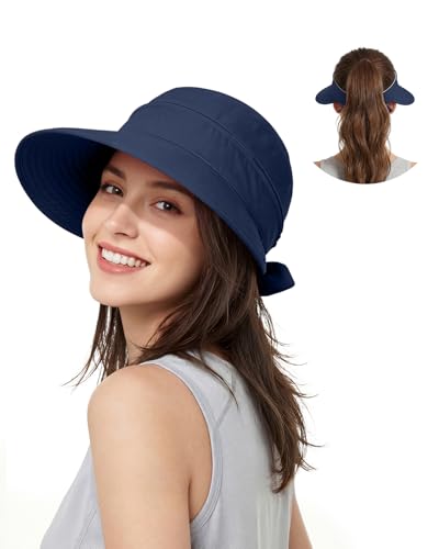 Century Star Sun Hat for Women Wide Brim Zip-Off Beach Hat Visor Ponytail UV Protection Summer Visors - color: Dark Blue