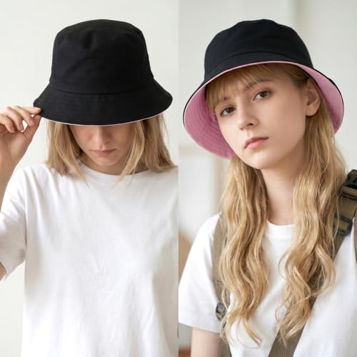 Bucket Hat for Women Men, Summer Sun Hats Foldable Reversible Fishing Hat Beach Hats for Outdoor Hiking Travel - color: Pink/Black