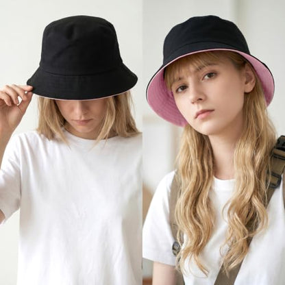 Bucket Hat for Women Men, Summer Sun Hats Foldable Reversible Fishing Hat Beach Hats for Outdoor Hiking Travel - color: Pink/Black