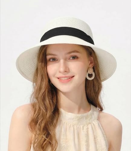 Women's Sun Straw Hats Summer Wide Brim Beach Hat UPF 80+ Travel Vacation Accessories Packable Foldable Cap - color: White