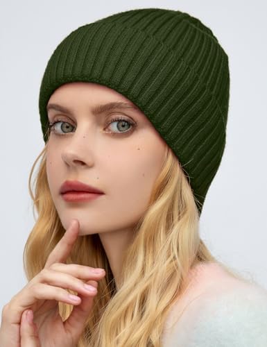 Satin Lined Wool Acrylic Blend Beanie Hat Women Men, Winter Knit Cap - color: Army Green