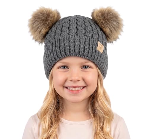 C.C Kids' Cable Knit Double Pom Beanie for Kids - Comfortable Soft Warm Children Skully Hat with Pom - color: Natural Faux Fur Pom Dark Melange Gray