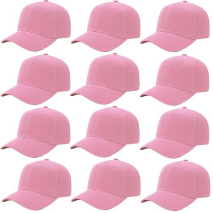 ZH Plain Adjustable Baseball Cap - Lot of 12 Unisex Blank Design Caps - color: Pink