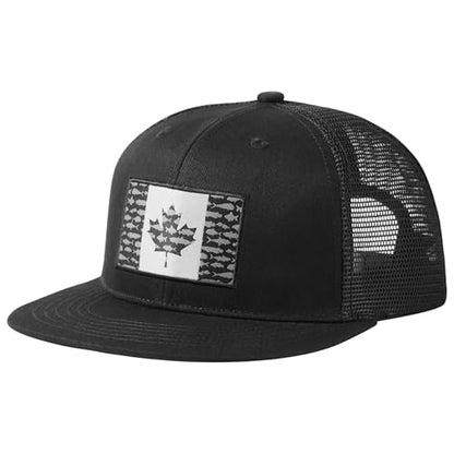 BASSDASH Flat Brim Trucker Cap Adjustable Snapback Hat Mesh Back for Men Women - color: Black Fish Maple Flag