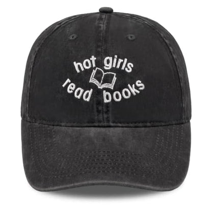 Embroidered Book Lover Baseball Cap for Men Women, Funny Washed Cotton Classic Dad Hat, Reading Lover Gift Idea - color: Hot Girls Read Books, Black