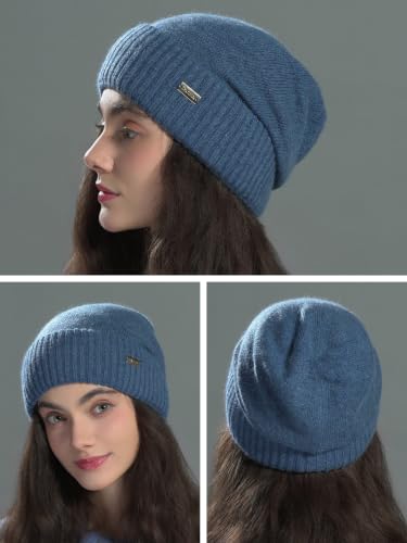 jaxmonoy Slouchy Beanies for Women Winter Lightweight Ladies Knit Hat Cuffed Soft Warm Slouch Beanie Cap - Brown - color: Denim Blue