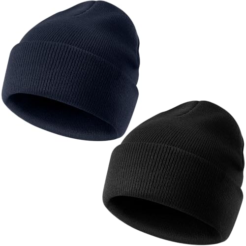 IYEBRAO 2-Pack Unisex Cuffed Beanie Hat for Men Women Skull Knit Cap - color: Black&navy Blue 2pcs